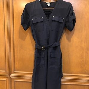 Navy dress with gold accents